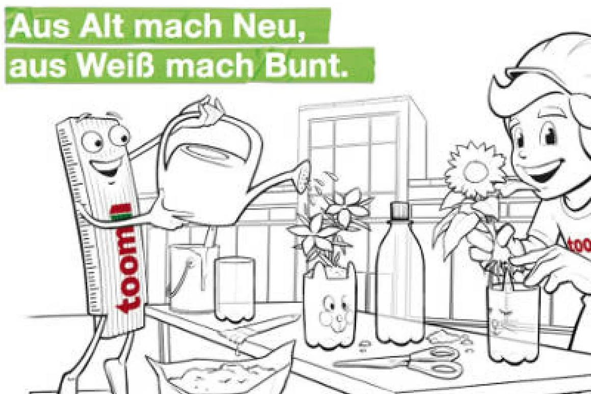 Tom und Zolli Malvorlage "Aus Alt mach Neu, aus Weiß mach Bunt": Upcycling mit Blumentöpfen aus Flaschen